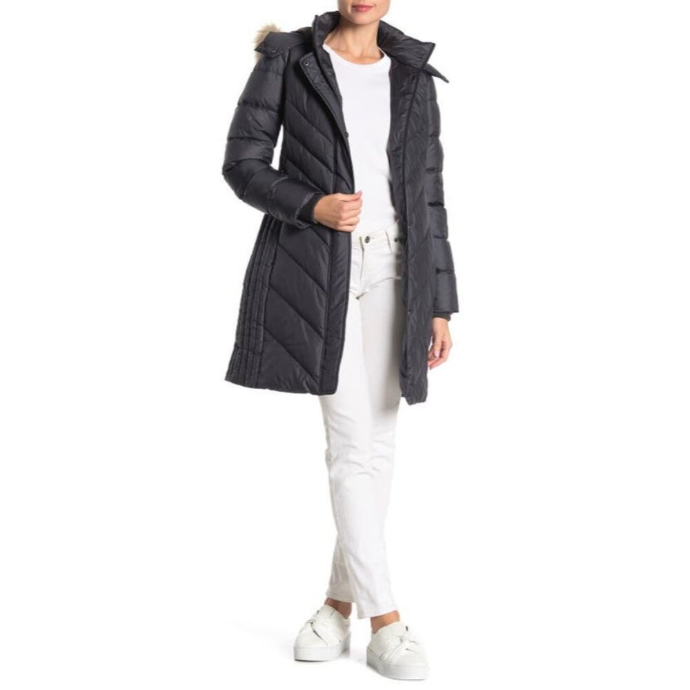 Larry Levine Hooded Puffer Jacket Pewter Grey Mid Length Faux Fur SZ XS NWT